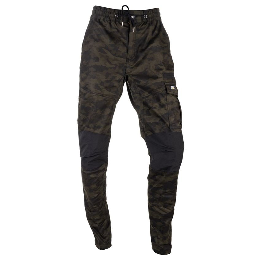 Men's Caterpillar Dynamic Trousers in night camo, featuring a dark green and black camouflage pattern, elastic waistband with drawstring, and a side cargo pocket.