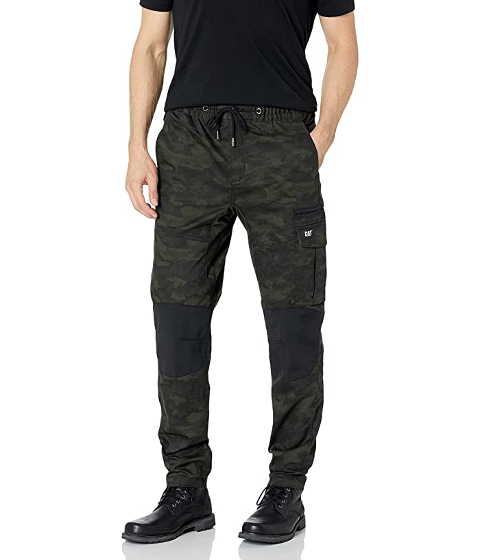 Men's dynamic trousers in night camo featuring a dark green and black camouflage pattern, elastic waistband with drawstring, cargo pockets, and reinforced knee patches.
