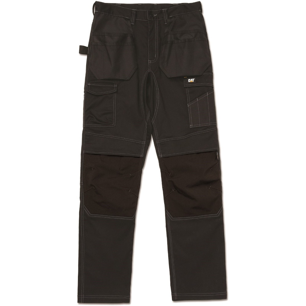 Grey polyester outdoor trousers featuring knee pockets, holster design, and reinforced panels for durability, ideal for work and outdoor activities.