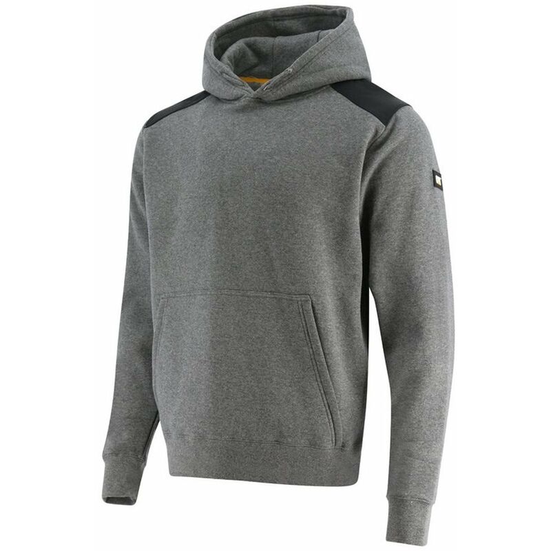 Dark heather grey hooded sweatshirt with a front pocket, black shoulder panels, and a Caterpillar logo on the sleeve, made from soft, durable material.