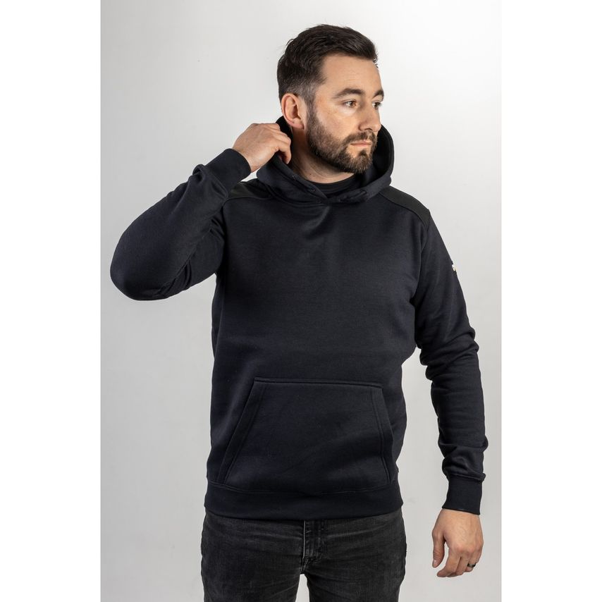 Navy hooded sweatshirt for men featuring a front pocket, adjustable drawstring hood, and a comfortable fit, made from soft material.