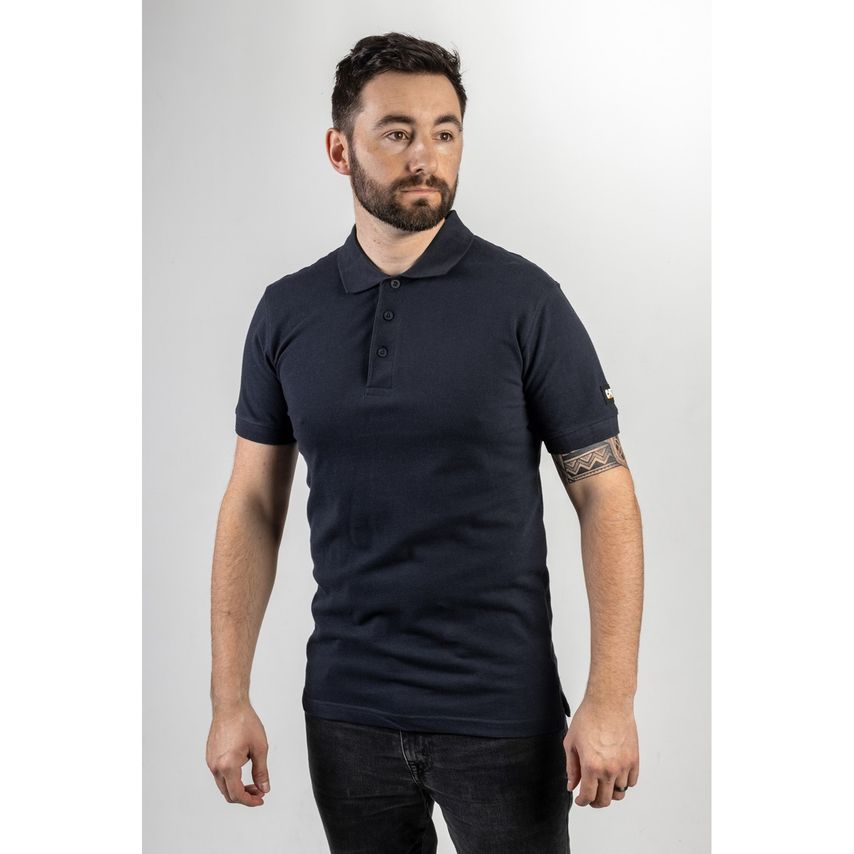 Navy blue Caterpillar polo shirt for men, featuring a classic collar, three-button placket, and short sleeves, made from soft, breathable fabric.