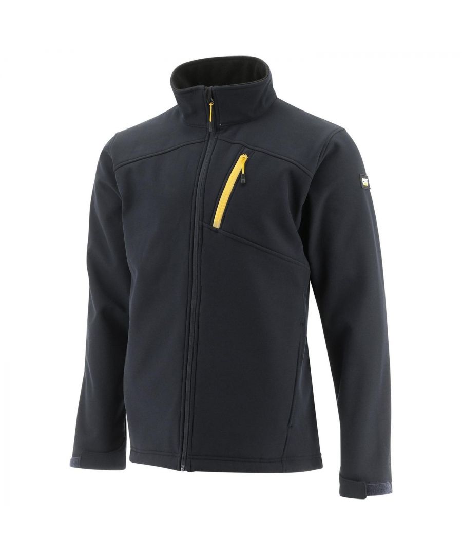 Black shell jacket in size large with a high collar, front zip closure, and a contrasting yellow zippered pocket on the chest, made from durable, soft material.