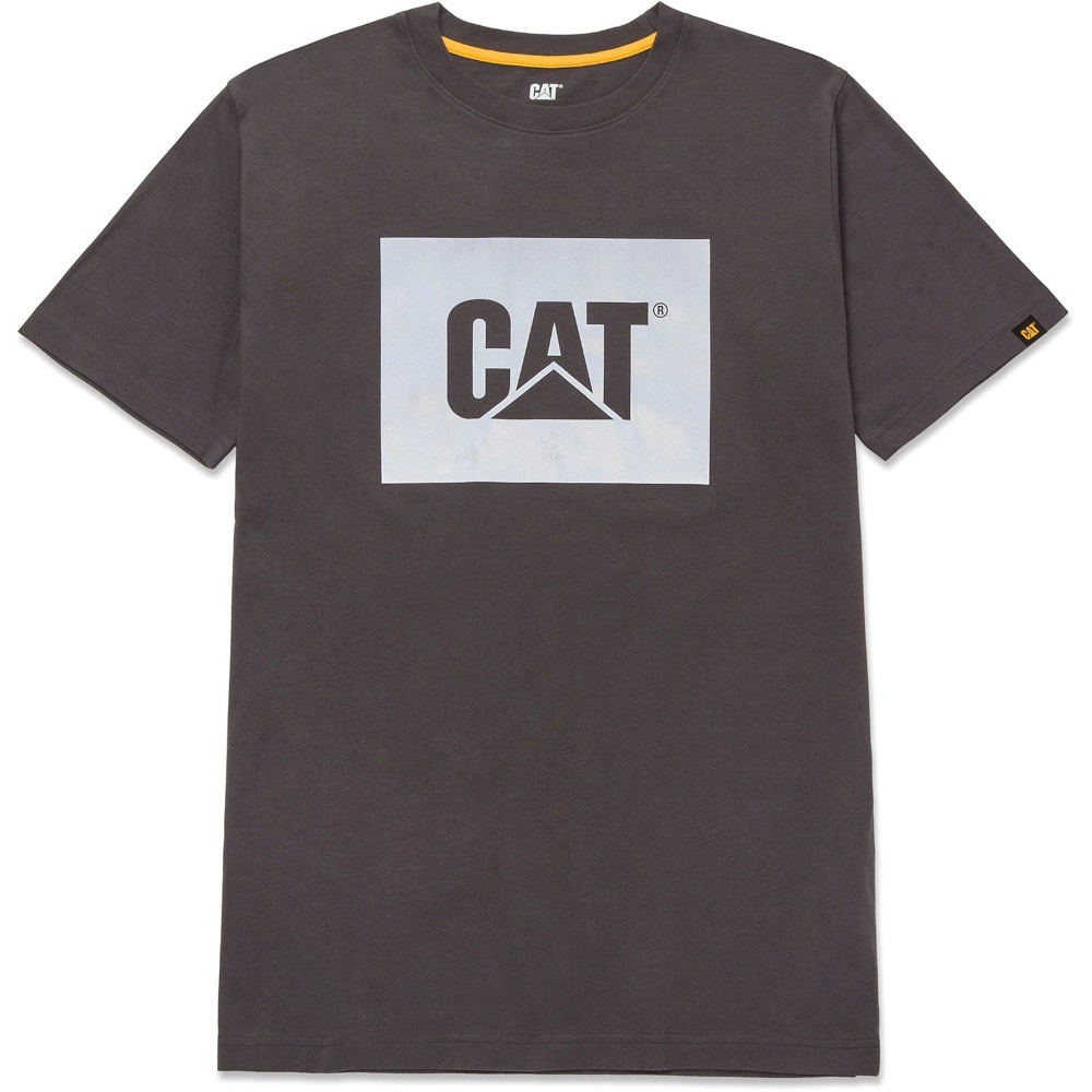 Grey cotton men's t-shirt featuring a large white Caterpillar logo on the front and a small logo on the sleeve, with a classic crew neck design.