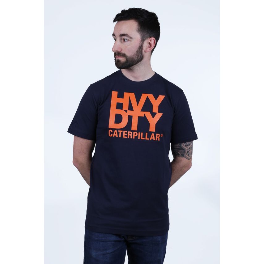 Men's heavy-duty tee in Eclipse color, featuring a bold orange "HYD TY CATERPILLAR" graphic on the front, made from durable cotton material.
