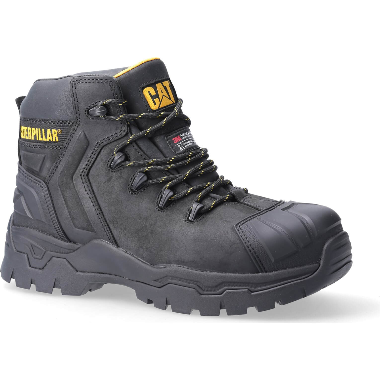 Black leather safety boot with yellow accents, featuring a padded collar, durable rubber sole, reinforced toe, and sturdy laces for secure fit, designed for work environments.