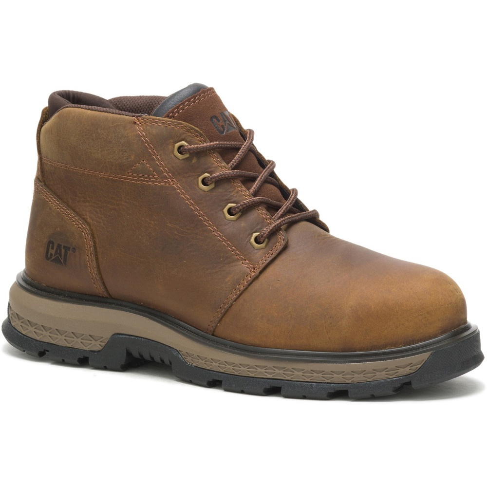 Brown leather safety boot with lace-up design, padded collar, and durable rubber sole, featuring the CAT logo on the side and a rugged, industrial appearance.