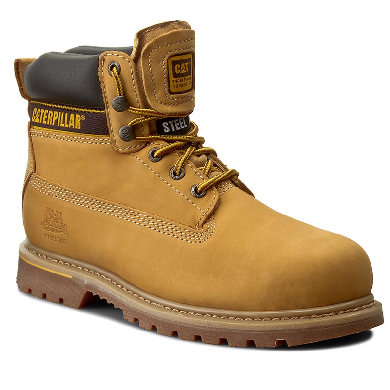 Tan leather Caterpillar Safety Holton S3 boot for men, featuring a steel toe, padded collar, yellow laces, and a rugged sole, available in UK size 15.