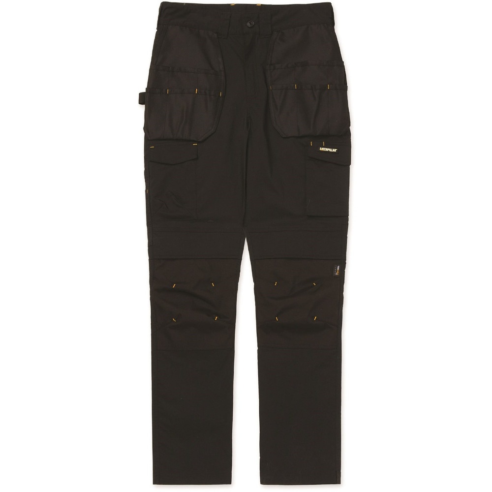Grey cotton outdoor trousers featuring multiple stretch pockets, reinforced knees, and contrasting yellow stitching, designed for durability and comfort.