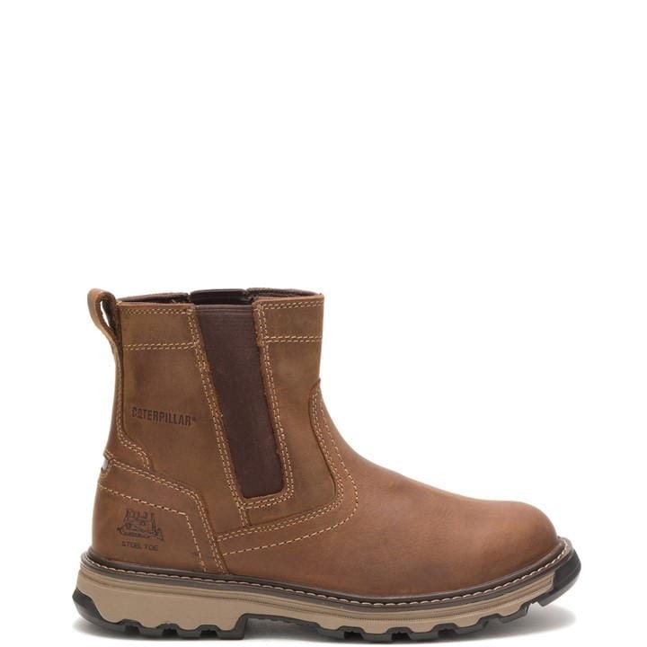 Dark beige leather safety boot with elastic side panels, steel toe, and rugged rubber sole, featuring a pull tab for easy wear.