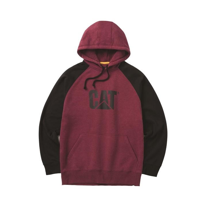 Caterpillar men's raglan hooded sweatshirt featuring a Carmenere heather body, black sleeves, a front pocket, and a bold "CAT" logo on the chest.
