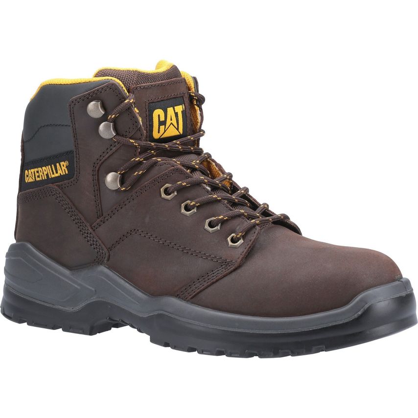 Brown leather safety boot featuring a padded collar, yellow accents, metal eyelets, and a rugged rubber sole, designed for durability and comfort in work environments.