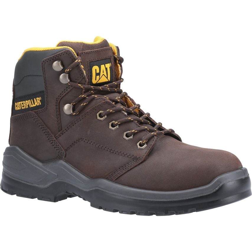 Brown leather safety boot with yellow accents, featuring metal eyelets, padded collar, and a sturdy rubber sole, designed for durability and comfort in work environments.
