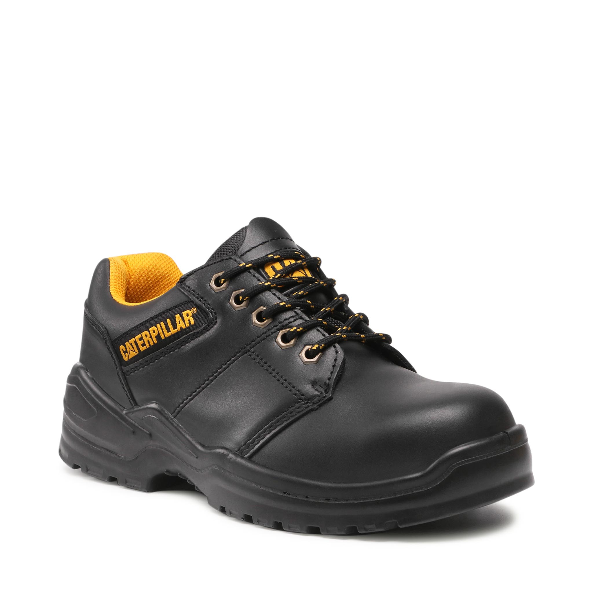 Caterpillar Men's Striver Low S3 Safety Shoe in black leather with yellow accents, featuring sturdy laces, reinforced toe, and a cushioned sole for comfort and safety.