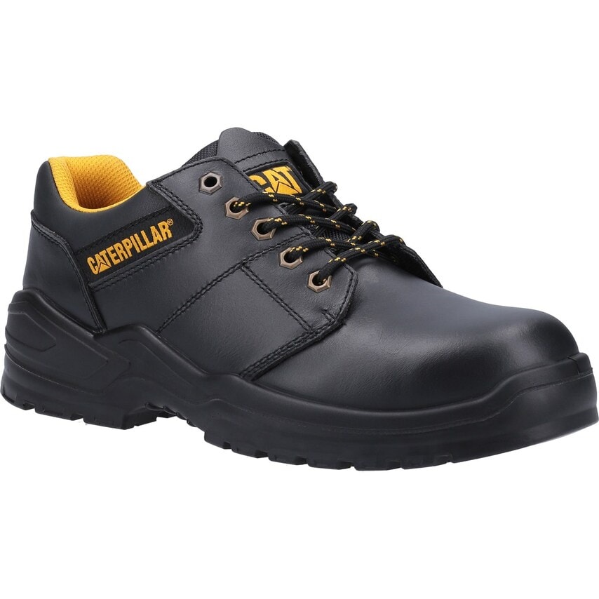 Black leather safety shoe with a low profile, featuring a reinforced toe cap, yellow accents, and sturdy laces, designed for durability and comfort in work environments.