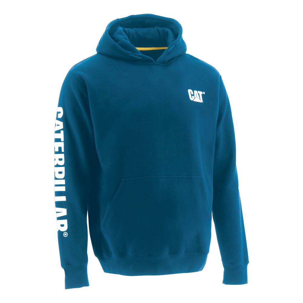 Memphis blue hoodie featuring a white CAT logo on the chest and "CATERPILLAR" printed down the sleeve, with a front pocket and S3 cord management, size 3X-Large.