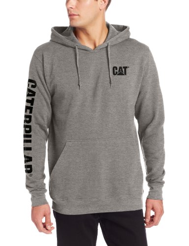 Gray long sleeve fleece hoodie featuring a front pocket, drawstring hood, and "CAT" logo on the chest and down the left sleeve.