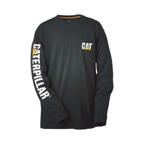 Black long sleeve t-shirt featuring the Caterpillar logo on the chest and "CATERPILLAR" printed down the left sleeve, made from soft cotton material.