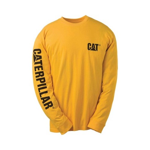 Yellow long sleeve t-shirt featuring "CATERPILLAR" printed on the left sleeve and a small "CAT" logo on the chest, made from soft cotton material, available in regular and big tall sizes.
