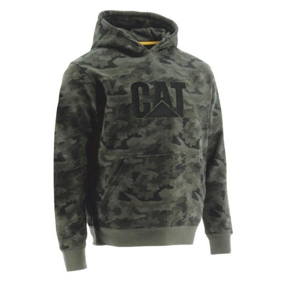 Men's hooded sweatshirt in night camo pattern, featuring a large black "CAT" logo on the front, made from soft material with a kangaroo pocket and ribbed cuffs.