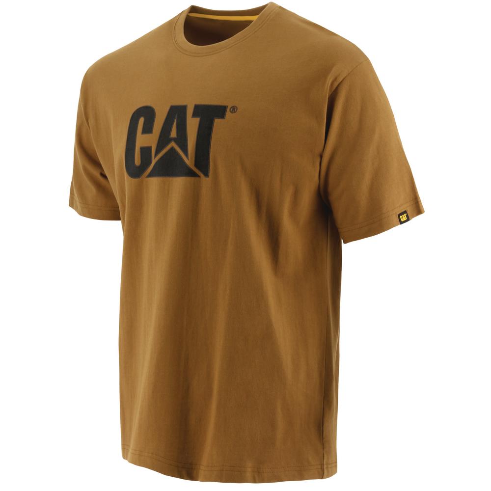 Bronze cotton men's t-shirt featuring the black Caterpillar (CAT) trademark logo prominently displayed on the front, with a small yellow label on the sleeve.