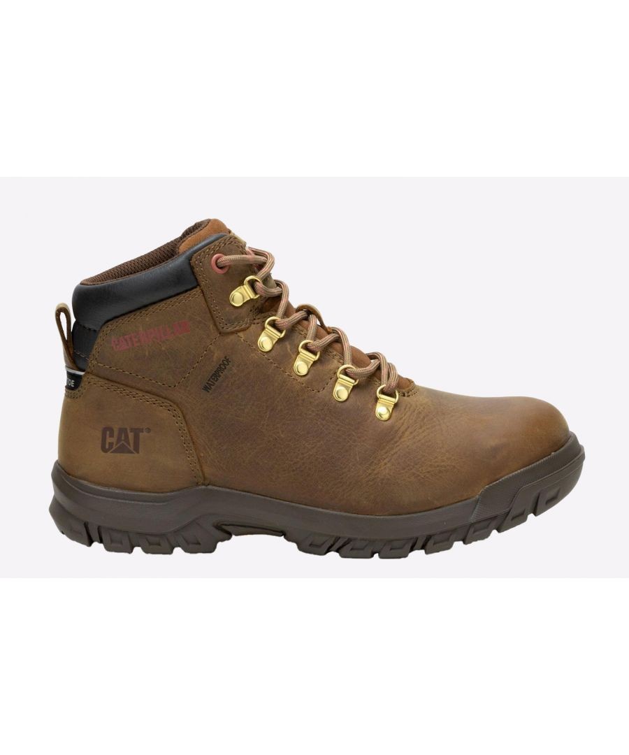 Brown leather Caterpillar Women's Mae Safety Boot featuring gold eyelets, a padded collar, and a rugged sole, designed for durability and comfort in work environments.