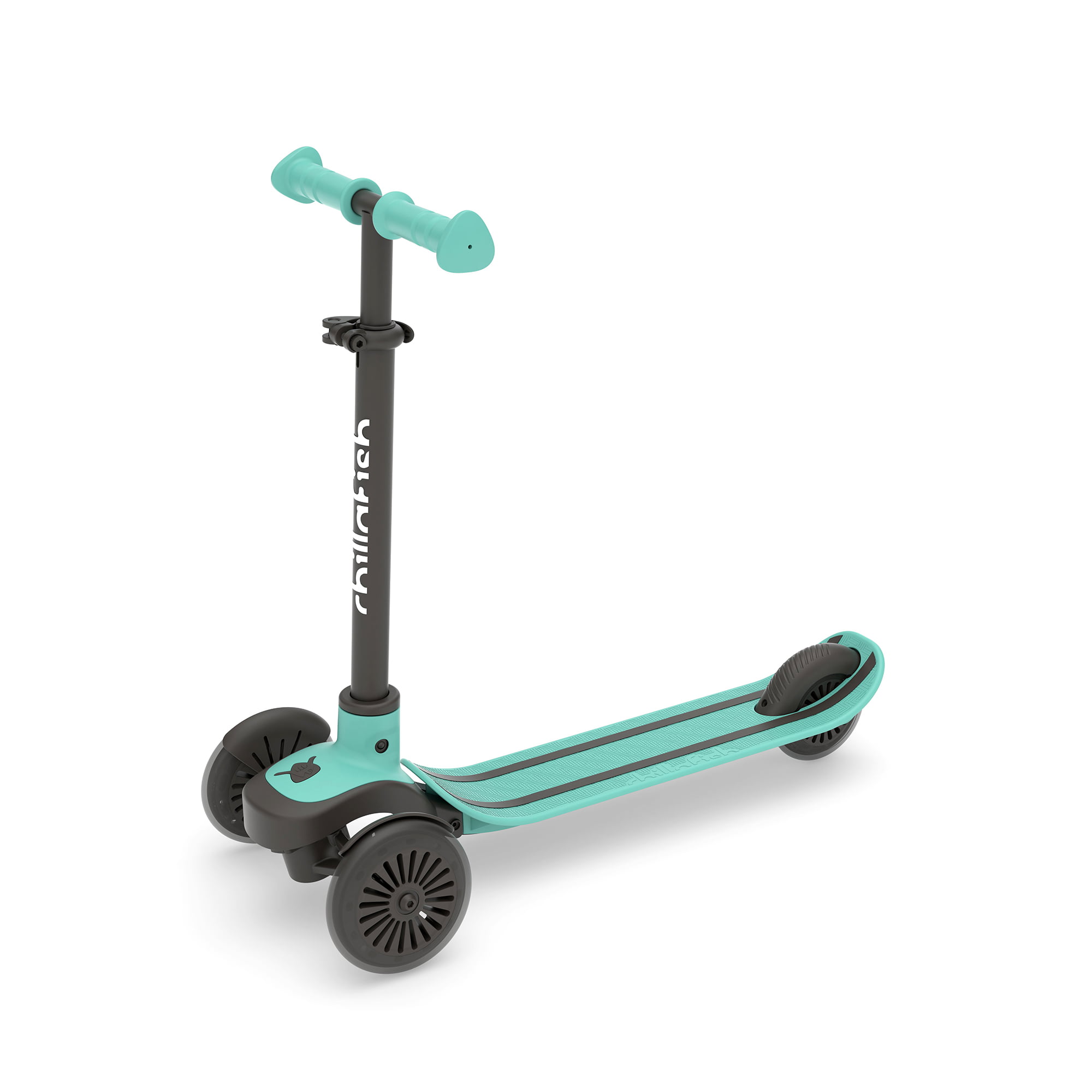 Chillafish Scotti Mint 3-wheeled scooter in mint green and black, featuring a sturdy plastic deck, two front wheels, and a single rear wheel for stability.