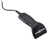 Black handheld barcode scanner with a sleek design, featuring a silver stripe and a coiled cable for connectivity, designed for efficient data capture.