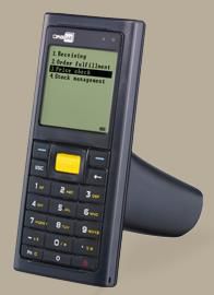 CipherLab 8200 Pisol Grip features a black ergonomic body, a large green display, and a numeric keypad with a yellow enter button, designed for efficient data collection.