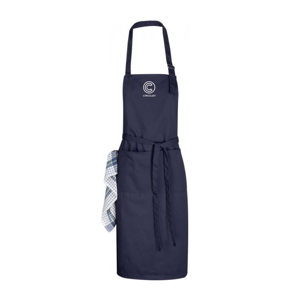 Navy blue chef's apron made of durable fabric, featuring a front pocket, adjustable neck strap, and a tied waist, with a white Circulon logo displayed prominently.