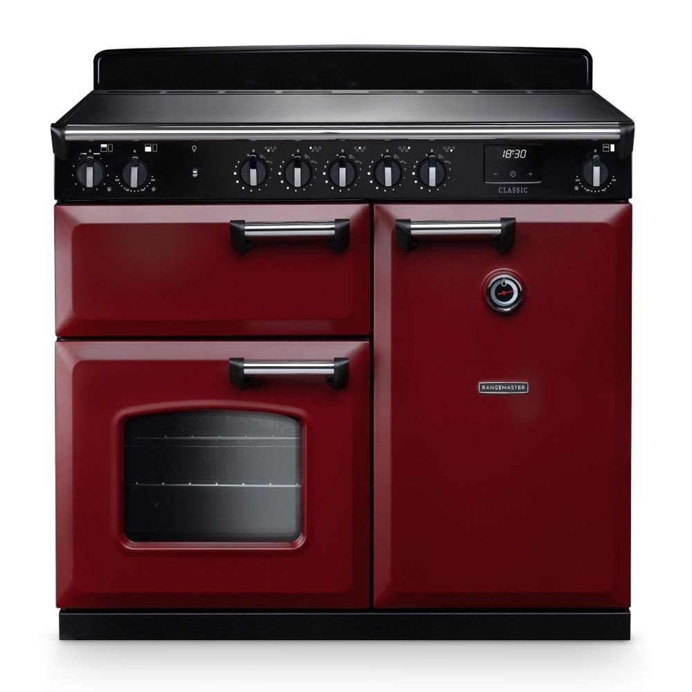 Classic 100cm induction cooker in Bordeaux and chrome, featuring a sleek black top, multiple control knobs, and dual ovens with a red finish and chrome accents.