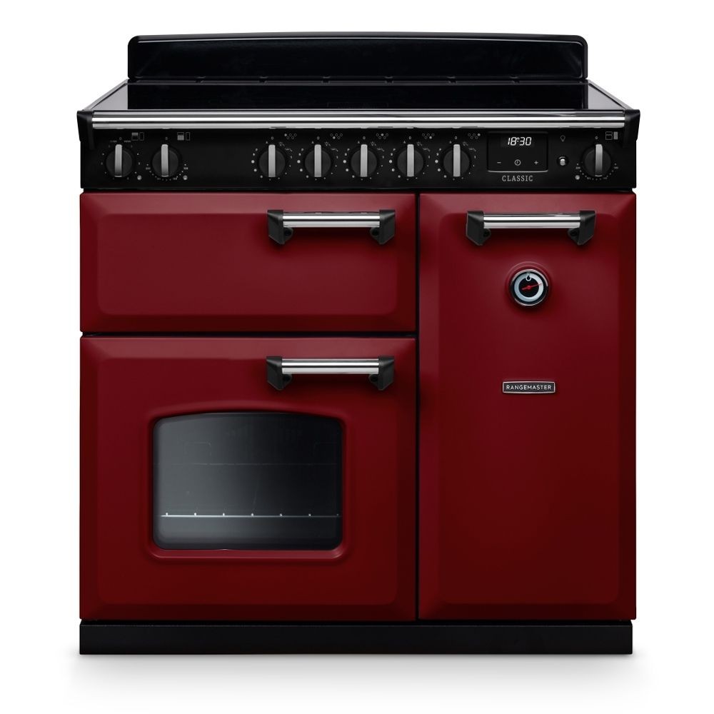 Classic 90cm induction cooker in Bordeaux and chrome, featuring a black glass top, six control knobs, and a single oven with a glass window and chrome handle.