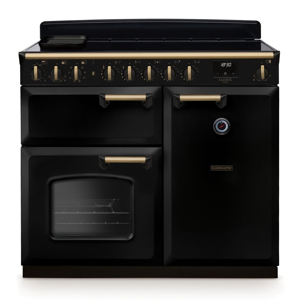Classic Deluxe 100cm induction range cooker in black with antique brass accents, featuring five burners, a large oven with a glass door, and stylish control knobs.