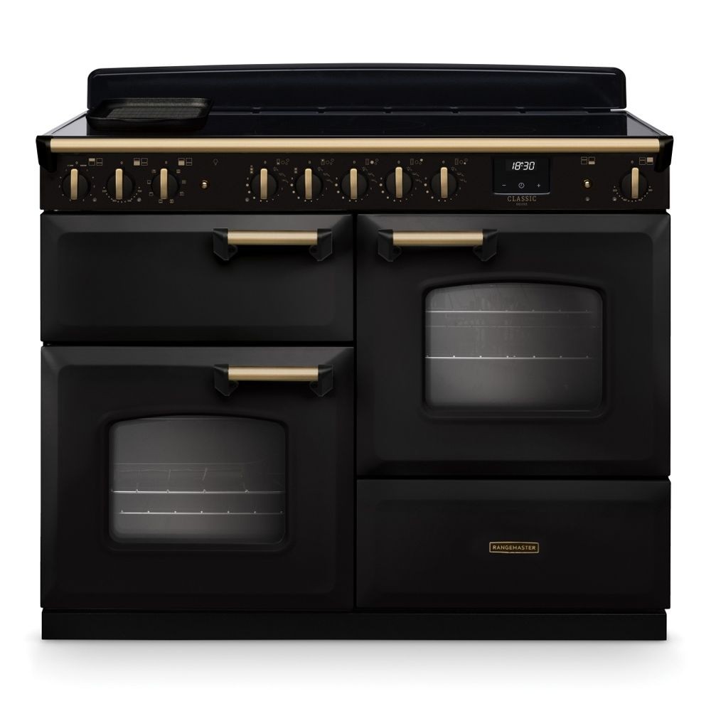 Classic Deluxe 110cm induction range cooker in charcoal black with antique brass accents, featuring five knobs, dual ovens, and a sleek, modern design.