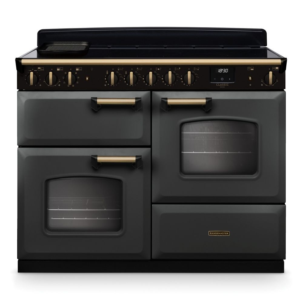 Classic Deluxe 110cm induction range cooker in stone blue with antique brass accents, featuring five knobs, a digital display, and two large ovens with glass doors.
