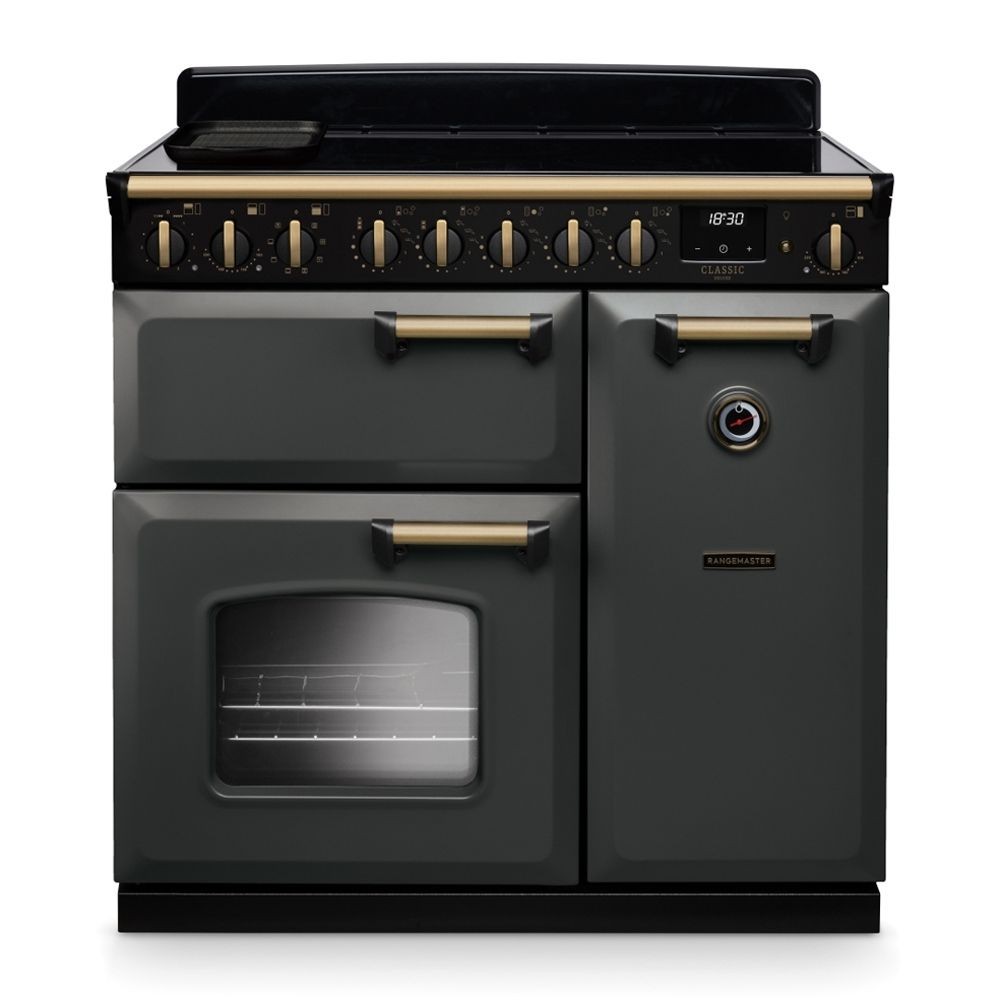 Classic Deluxe 90cm induction range cooker in slate gray with antique brass accents, featuring five control knobs, a large oven window, and a sleek black top.