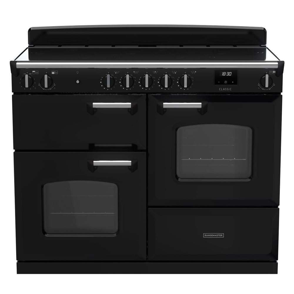 Classic OC 110cm induction cooker in black and chrome, featuring dual ovens, sleek knobs, a digital display, and a smooth induction cooktop.