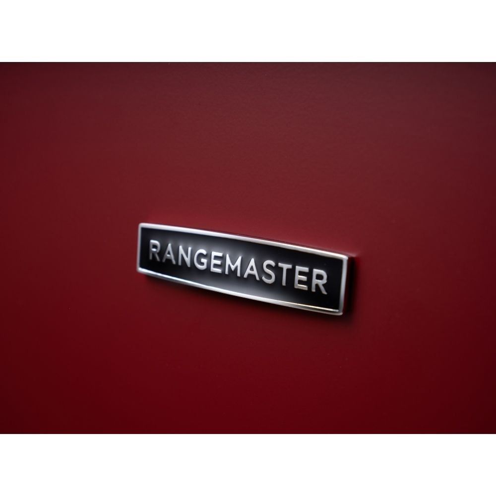 Classic OC 110cm induction cooker in Bordeaux red with chrome accents, featuring a sleek design and the Rangemaster logo prominently displayed.