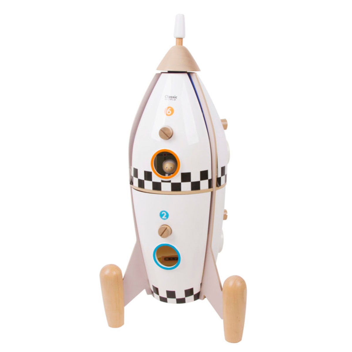 Wooden rocket ship playset in white with colorful accents, featuring a checkered pattern, numbered buttons, a round window, and wooden legs for stability.