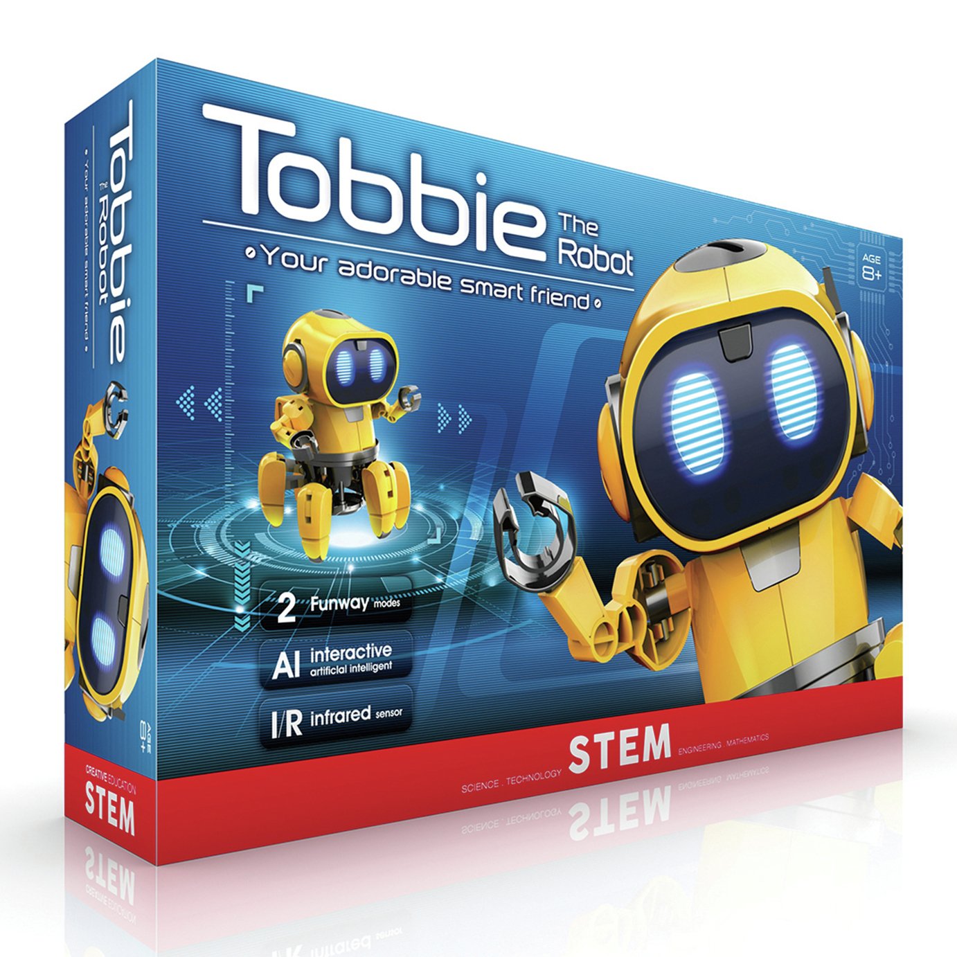Bright blue box featuring Tobbie the Robot, a yellow robot with large blue eyes, showcasing STEM features, AI capabilities, and infrared sensors, suitable for ages 8 and up.