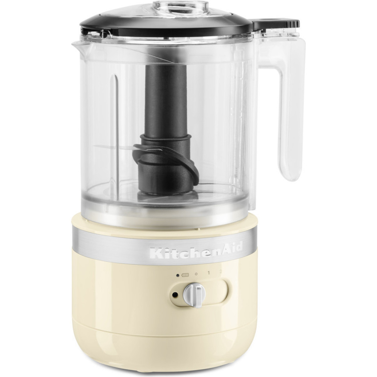 Cordless food chopper in almond cream color with a transparent bowl, black lid, and a silver base featuring a control knob for easy operation.