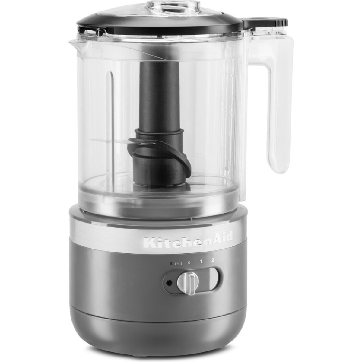 Cordless food chopper in charcoal grey with a transparent bowl, black lid, and a simple dial for speed settings, featuring a sleek design by KitchenAid.