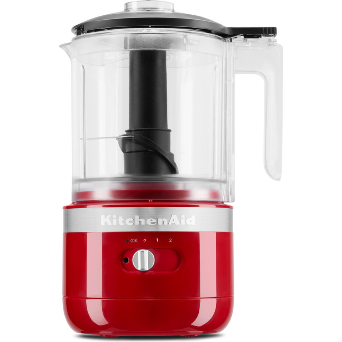Cordless food chopper in Empire Red with a clear plastic bowl, black chopping blade, and a silver control dial on the front for easy operation.