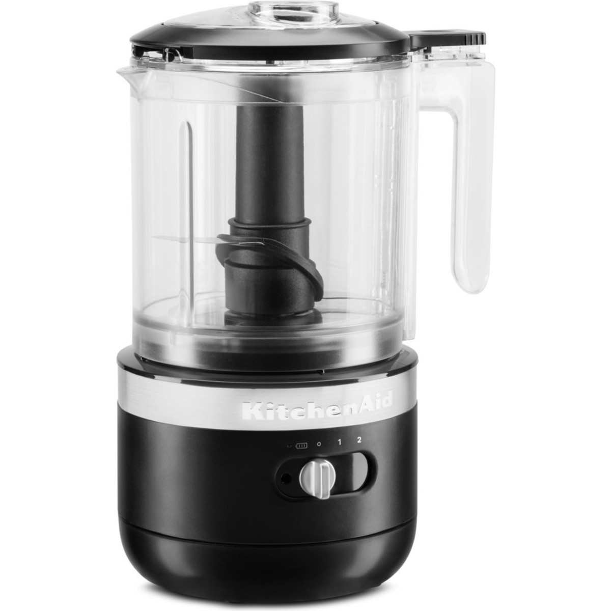 Cordless food chopper in matte black with a transparent bowl, black processing tube, and a silver base featuring a control dial for easy operation.