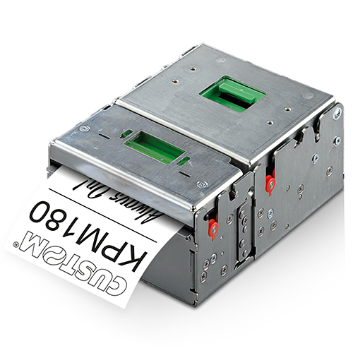 Wired thermal POS printer with a metallic silver casing, featuring green paper feed slots and a printed receipt emerging from the front, labeled "Custom KPM180H."