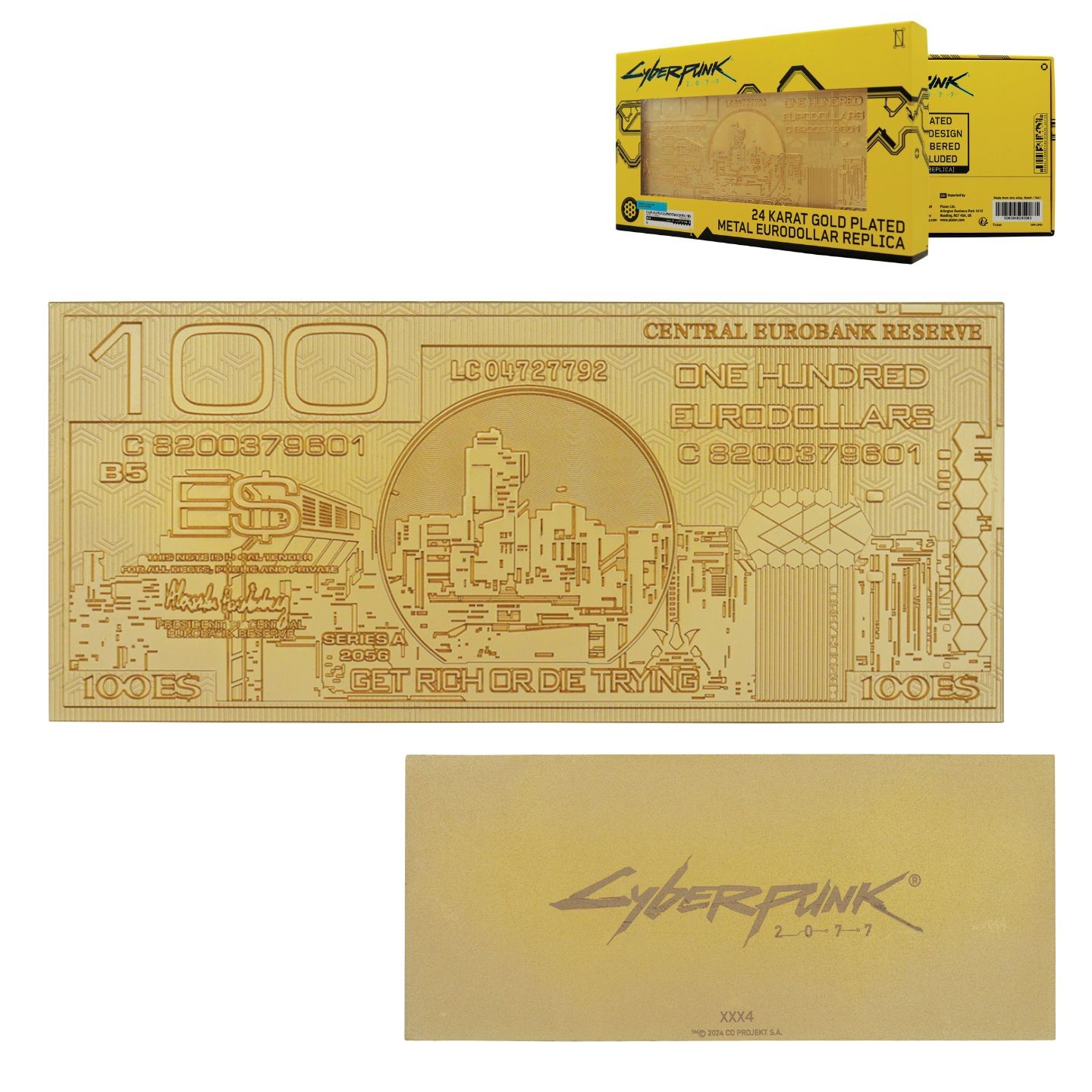 24k gold plated metal replica of a Eurodollar, featuring intricate cityscape designs and text, with a bright gold finish and Cyberpunk 2077 branding on the side.