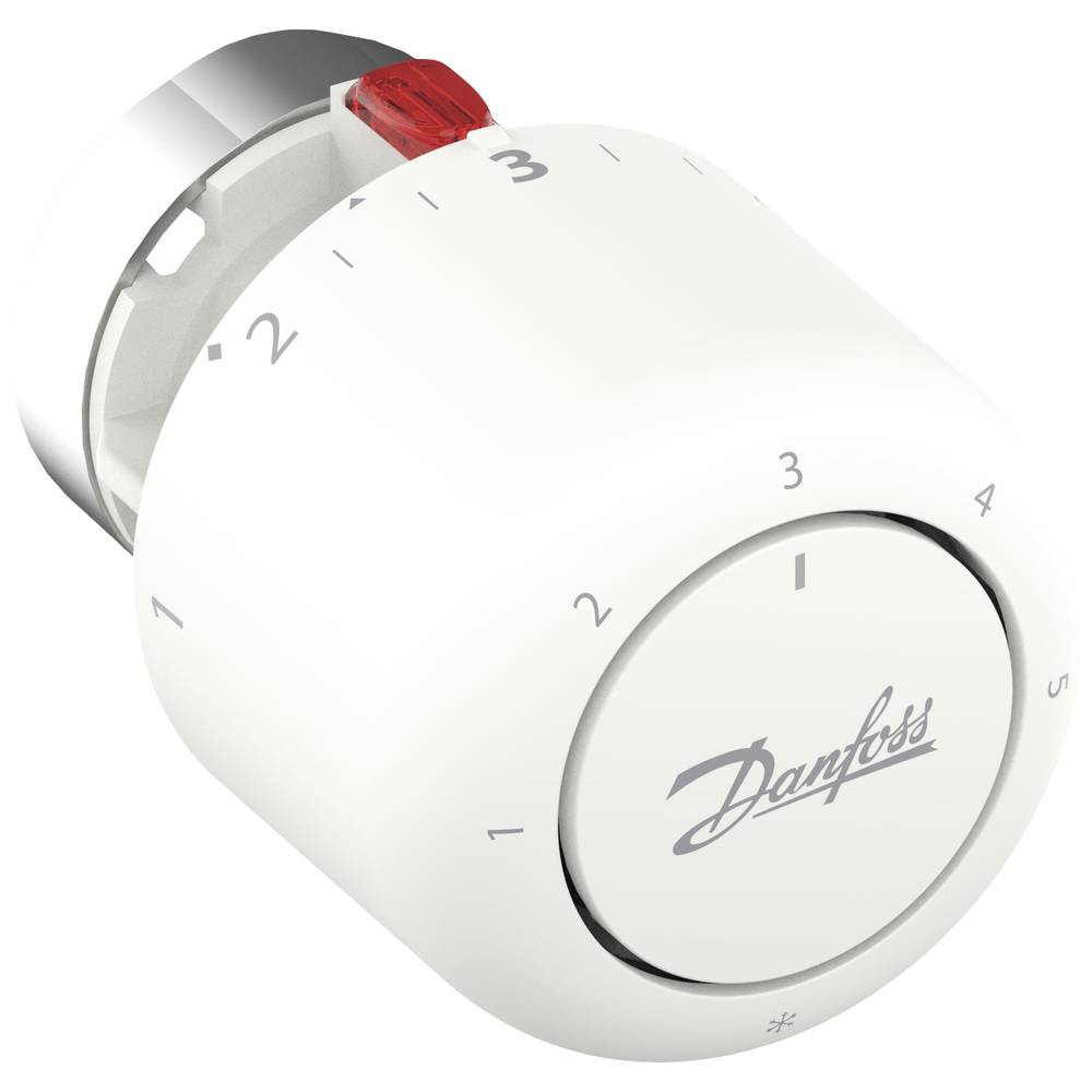 White thermostatic radiator valve with a silver base, featuring a numbered dial from 1 to 5 and a red adjustment lever, designed for temperature control between 7-28 °C.