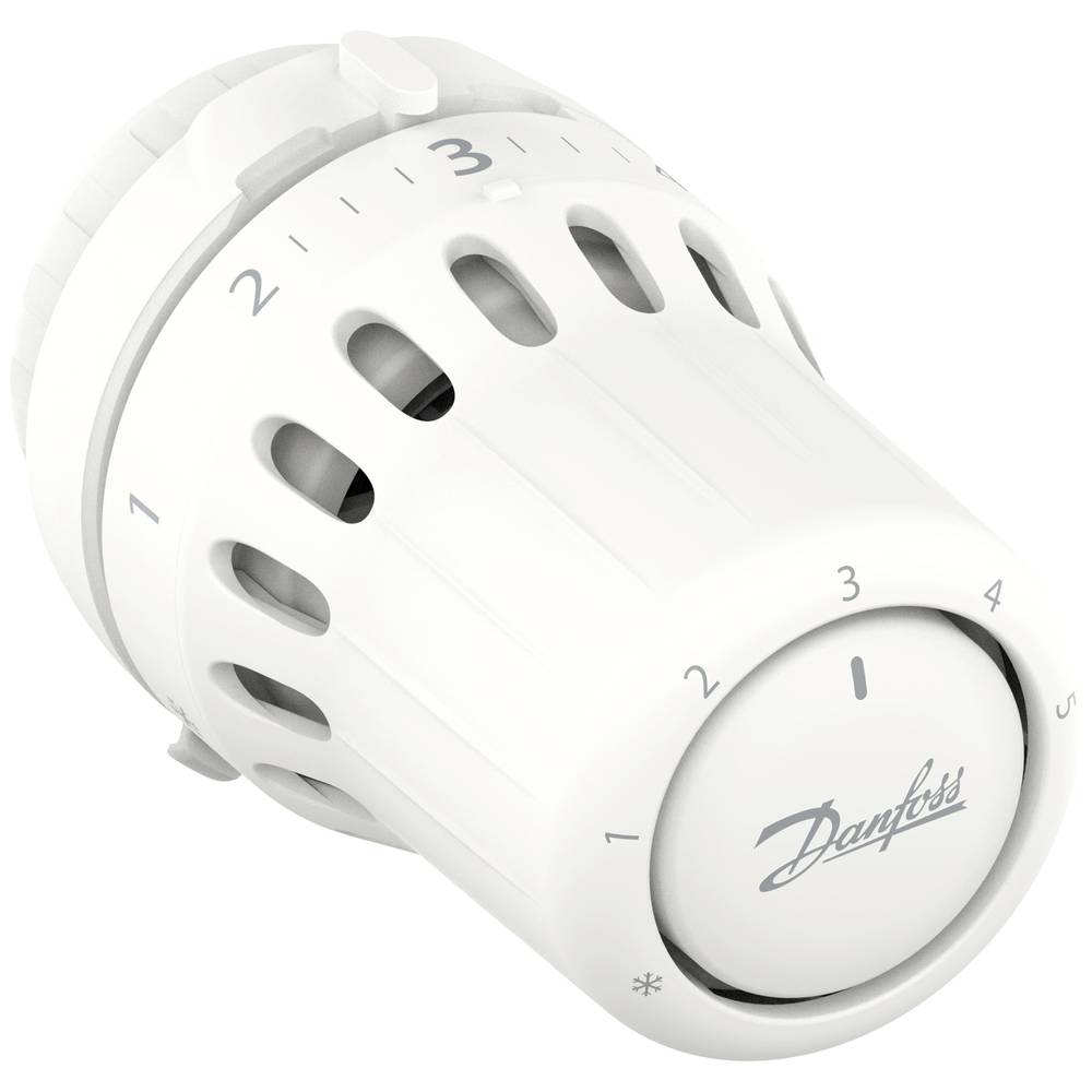 White thermostatic radiator valve with a cylindrical shape, featuring a numbered dial from 1 to 3, and the Danfoss logo prominently displayed. Suitable for temperature control between 8-28°C.