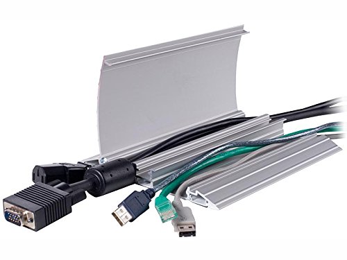 Silver aluminum cable protector with a straight design, measuring 118 cm, featuring channels for organizing multiple cables like USB and VGA connectors.