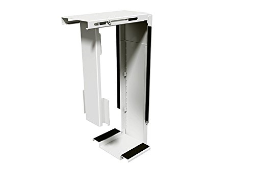 White Dataflex Viewmate Computer Holder features a sleek, minimalist design with adjustable height, sturdy metal construction, and a compact footprint for efficient desk organization.
